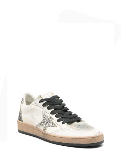 Golden Goose Ball Star Sneakers In Vintage Effect Leather And Suede With Glittered Star And Heel Tab In White