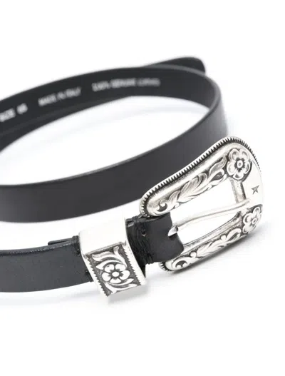 Golden Goose Black Cow Leather Belt With Intricate Silver Buckle In Black