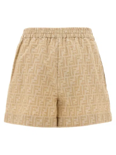 Fendi Ff Chambray Denim Shorts Bermuda And Short Beige In Brown