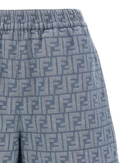 Fendi Embroidered Chambray Shorts With All-over Pattern In Blue