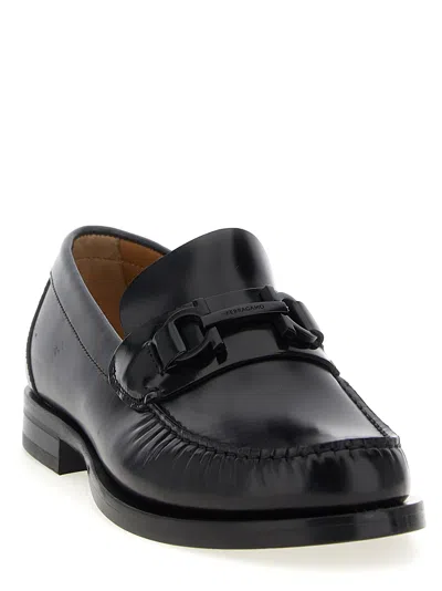 Ferragamo Black Reversible Gancini Ornament Loafers In Nero