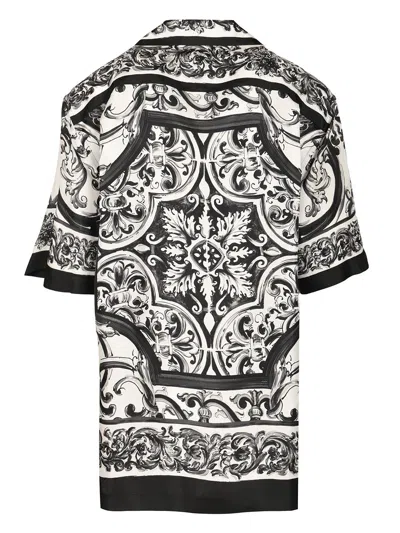 Dolce & Gabbana Maiolica Print Silk Twill S/s Shirt In Black