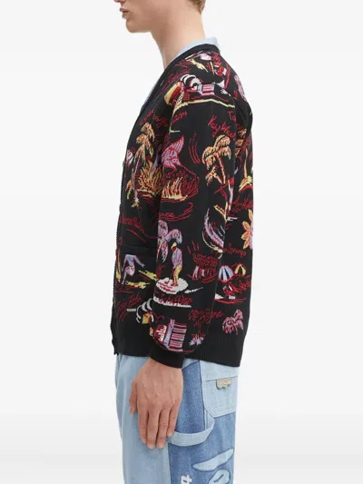 Wacko Maria Tropical-pattern Cardigan In Black