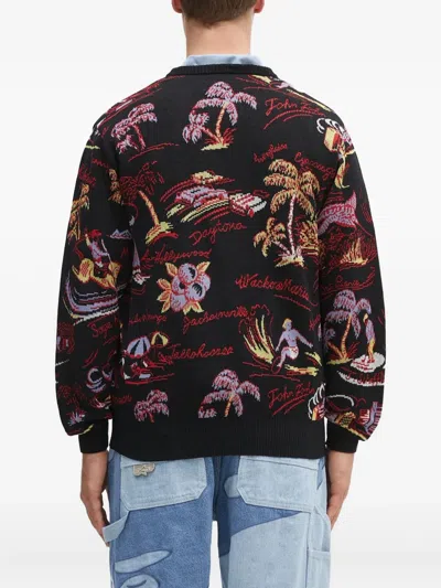 Wacko Maria Tropical-pattern Cardigan In Black