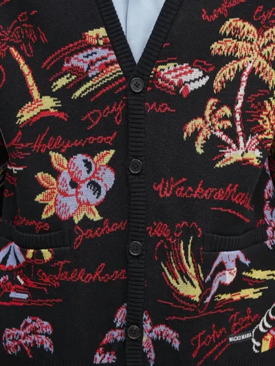 Wacko Maria Tropical-pattern Cardigan In Black