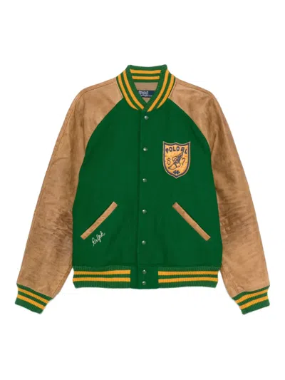 Polo Ralph Lauren Logo-appliquéd Embroidered Leather And Wool-blend Varsity Jacket In Brown