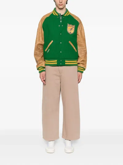 Polo Ralph Lauren Logo-appliquéd Embroidered Leather And Wool-blend Varsity Jacket In Brown