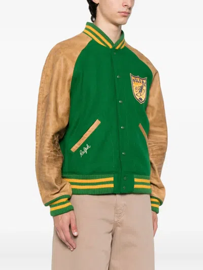 Polo Ralph Lauren Logo-appliquéd Embroidered Leather And Wool-blend Varsity Jacket In Brown