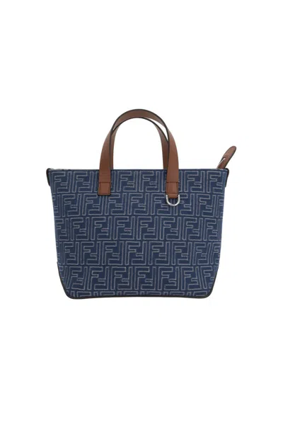 Fendi Structured Cotton Ff Shopping Bag With Leather Accents In Gray