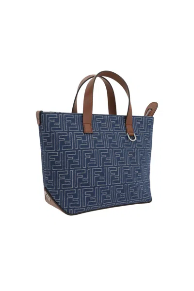Fendi Structured Cotton Ff Shopping Bag With Leather Accents In Gray