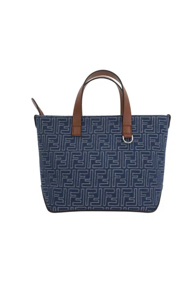 Fendi Structured Cotton Ff Shopping Bag With Leather Accents In Gray