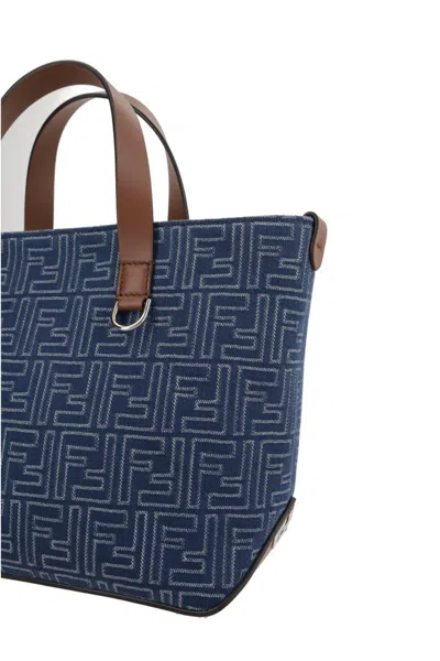 Fendi Structured Cotton Ff Shopping Bag With Leather Accents In Gray