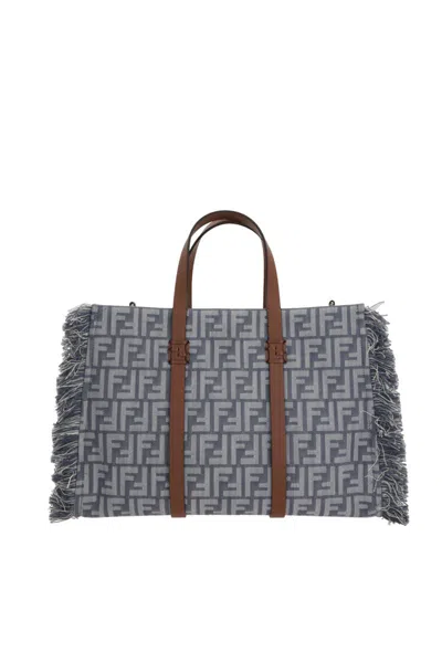 Fendi Summer Tote Ff Jacquard Fabric Shoulder Bag With Fringes In Gray