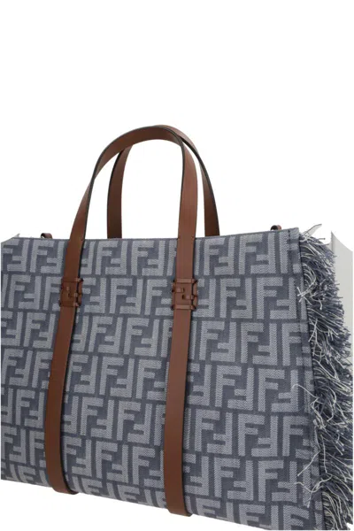 Fendi Summer Tote Ff Jacquard Fabric Shoulder Bag With Fringes In Gray