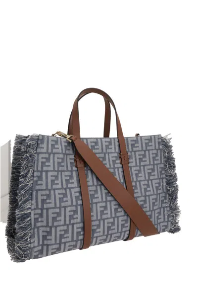 Fendi Summer Tote Ff Jacquard Fabric Shoulder Bag With Fringes In Gray