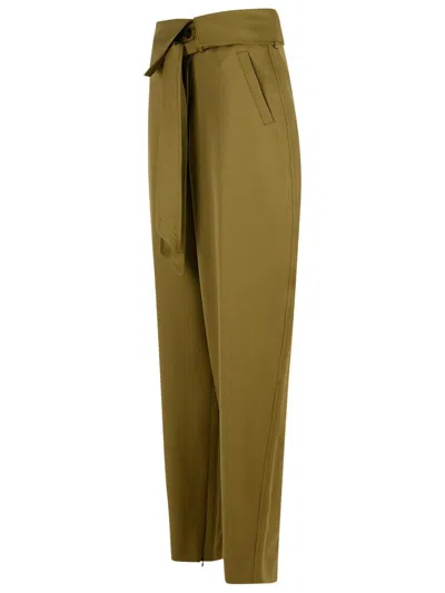 Attico Wool Gabardine Trousers High Waist Tie Wide Leg In Green