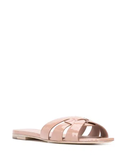 Saint Laurent Tribute Patent Leather Flat Sandals In Brown