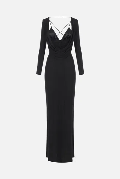 Elisabetta Franchi Draped Black Maxi Dress With Deep Neckline In Black