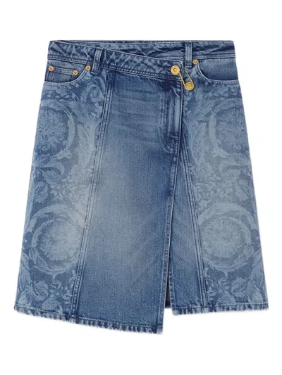 Versace Asymmetric Denim Skirt In Blue