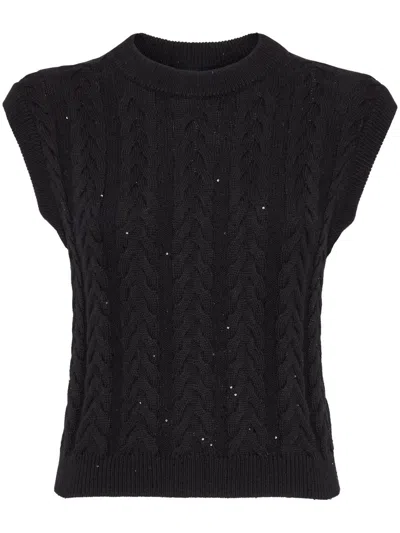 Brunello Cucinelli Black Dazzling Double Cable Knit Vest In Black