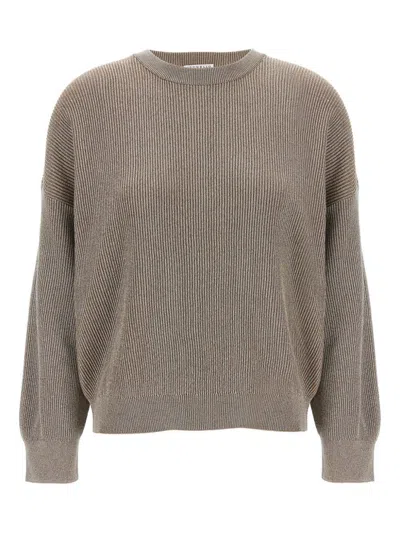 Brunello Cucinelli Ribbed Crewneck Cotton Sweater With Dropped Shoulders In Gray