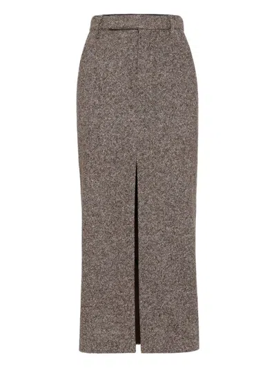 Brunello Cucinelli Slit-front Pencil Maxi Skirt In Brown