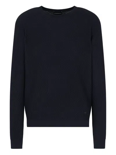 Emporio Armani Virgin Wool Jumper With Embossed Jacquard Pattern In Black