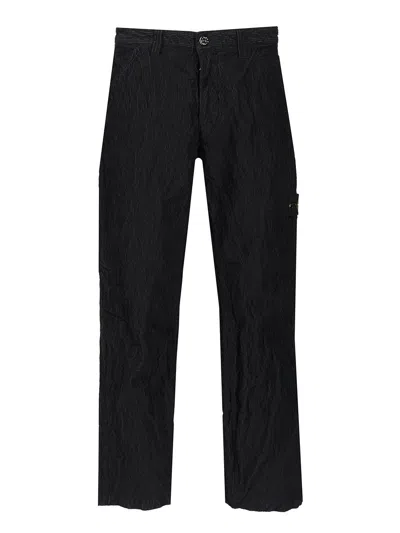 Stone Island Straight Textured Fabric Trousers With Belt Loops In Black