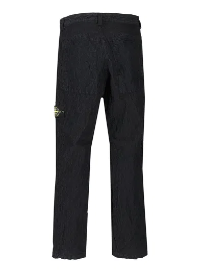 Stone Island Straight Textured Fabric Trousers With Belt Loops In Black