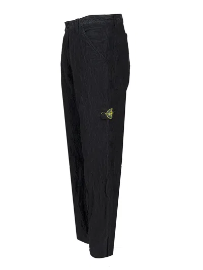 Stone Island Straight Textured Fabric Trousers With Belt Loops In Black