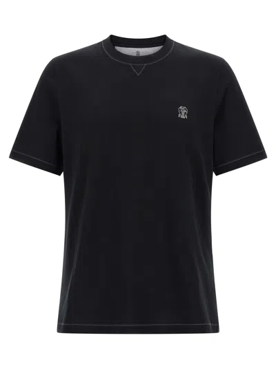 Brunello Cucinelli Logo Crew Neck Cotton T-shirt With Contrast Trim In Black