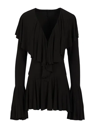 Norma Kamali Long Sleeve Deep V Ruffle Mini Dress Dresses Black In Black