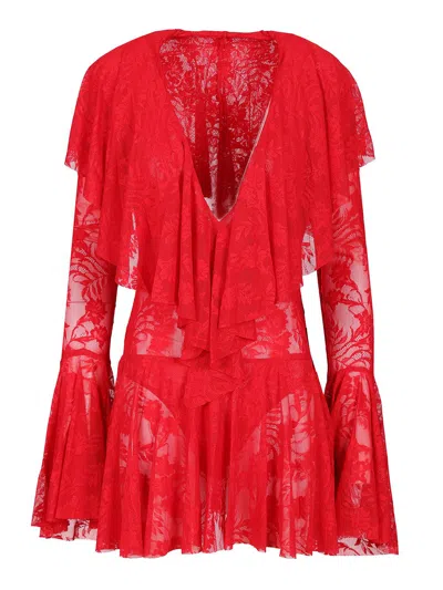 Norma Kamali Long Sleeve Deep V Ruffle Mini Dress Dresses Red In Red
