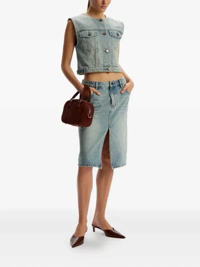 12 Storeez Front-split Denim Midi Skirt In Blue
