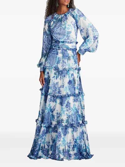 Tadashi Shoji Long Sleeve Ruffled Tiered Gown In Blue
