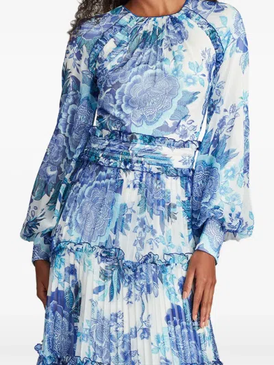 Tadashi Shoji Long Sleeve Ruffled Tiered Gown In Blue