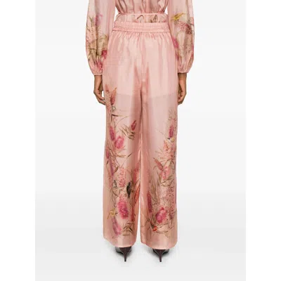 Zimmermann Pink Botanical Floral Silk Habotai Cascadian Trousers In Pink