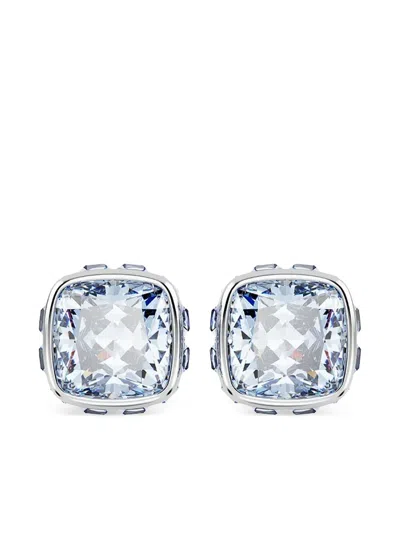 Swarovski Rhodium Plated Square Cut Color Birthstone Stud Earrings In Metallic