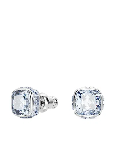Swarovski Rhodium Plated Square Cut Color Birthstone Stud Earrings In Metallic