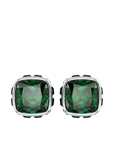 Swarovski Rhodium Plated Square Cut Color Birthstone Stud Earrings In Metallic