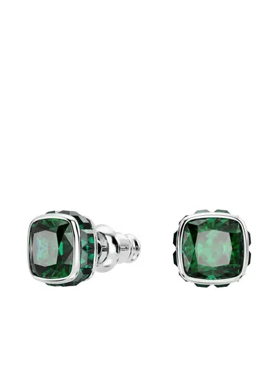 Swarovski Rhodium Plated Square Cut Color Birthstone Stud Earrings In Metallic