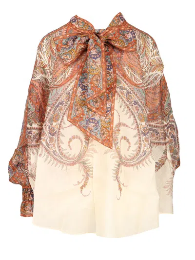 Zimmermann Rhiannon Multicolor Blouse With Tie Closure On The Front And Paisley Print In Ramie Woman In Pink