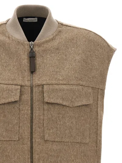 Brunello Cucinelli Shiny Zipper Pull Gilet Beige In Brown