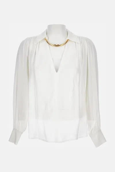 Elisabetta Franchi Pleated Shoulder Long Sleeve Shirt With Gold Hardware In White