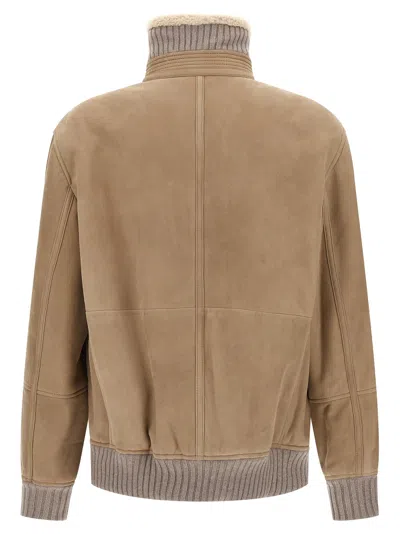Brunello Cucinelli Men Bomber In Curly Suede Shearling With Cashmere Knit Collar In Brown