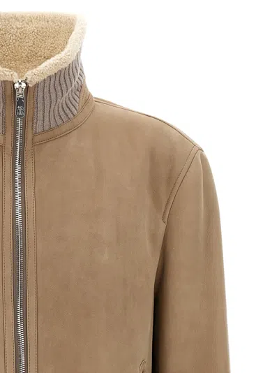 Brunello Cucinelli Men Bomber In Curly Suede Shearling With Cashmere Knit Collar In Brown
