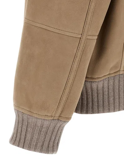 Brunello Cucinelli Men Bomber In Curly Suede Shearling With Cashmere Knit Collar In Brown
