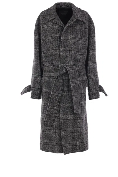 Balenciaga One Layer Checked Belted Coat In Gray
