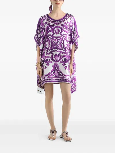 Dolce & Gabbana Kaftano In Twill Stampa Maiolica In Purple