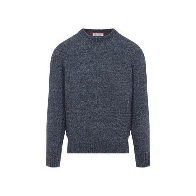 Brunello Cucinelli Blue Crewneck Sweater With A Melange Effect In Gray